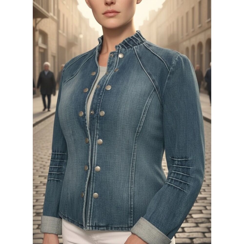 Armani Exchange Women’s Denim Military Jacket Snap Front Stand Collar Jacket M